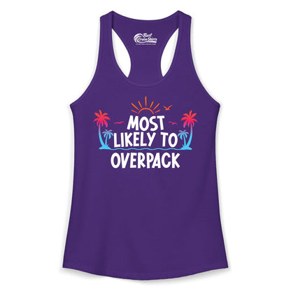 Most Likely to Overpack Shirt - Funny Tropical Vacation Tee (Ladies Tank) in Solid Purple Rush - Most Likely To Overpack Tropical Humor Shirt With Palm Trees And Sun
