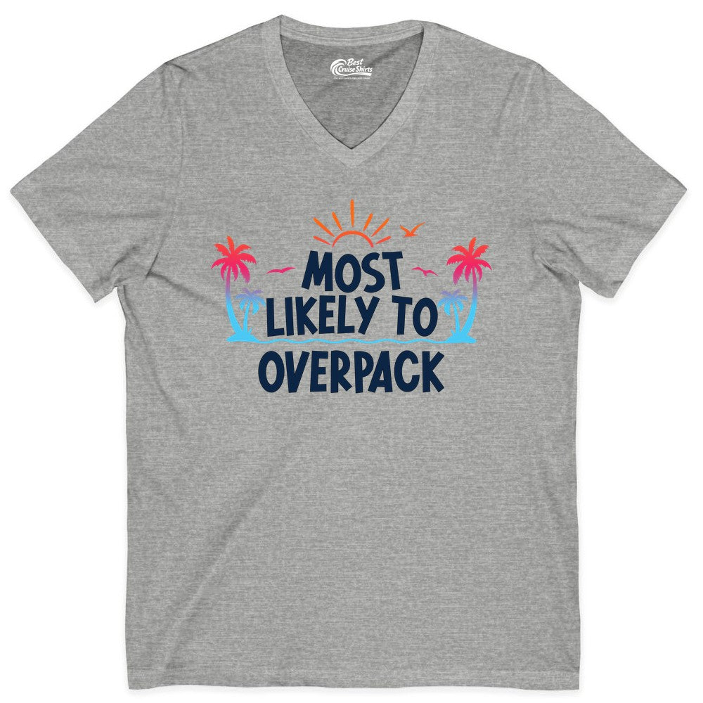 Most Likely to Overpack Shirt - Funny Tropical Vacation Tee (V-Neck) in Athletic Heather - Most Likely To Overpack Tropical Humor Shirt With Palm Trees And Sun
