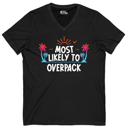 Most Likely to Overpack Shirt - Funny Tropical Vacation Tee (V-Neck) in Black - Most Likely To Overpack Tropical Humor Shirt With Palm Trees And Sun