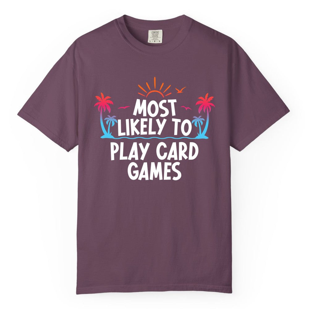Cruise Card Game Shirt - Tropical Vacation Fun for Family Cruises (Comfort Color) in Berry - Tropical Cruise Card Game Shirt - Sunset Palms Playful Vacation Tee