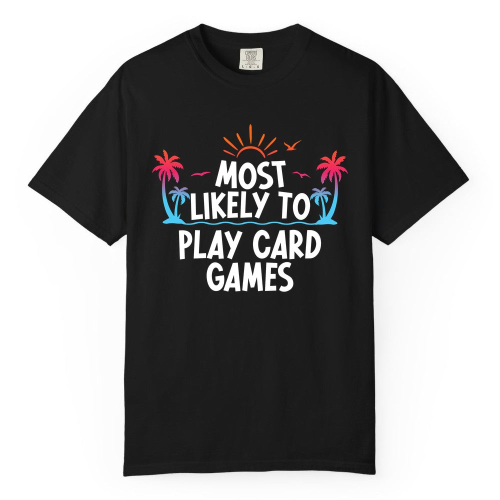 Cruise Card Game Shirt - Tropical Vacation Fun for Family Cruises (Comfort Color) in Black - Tropical Cruise Card Game Shirt - Sunset Palms Playful Vacation Tee