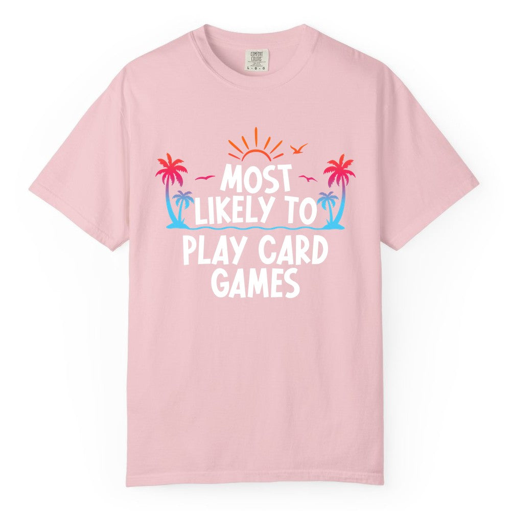 Cruise Card Game Shirt - Tropical Vacation Fun for Family Cruises (Comfort Color) in Blossom - Tropical Cruise Card Game Shirt - Sunset Palms Playful Vacation Tee