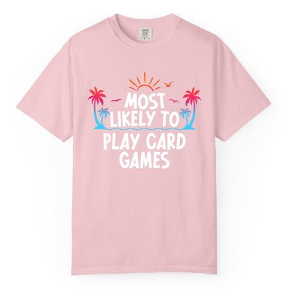 Cruise Card Game Shirt - Tropical Vacation Fun for Family Cruises (Comfort Color) in Blossom - Tropical Cruise Card Game Shirt - Sunset Palms Playful Vacation Tee