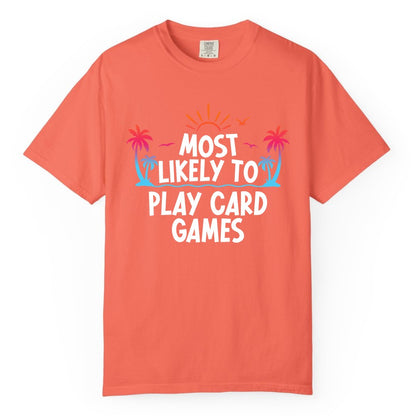 Cruise Card Game Shirt - Tropical Vacation Fun for Family Cruises (Comfort Color) in Bright Salmon - Tropical Cruise Card Game Shirt - Sunset Palms Playful Vacation Tee