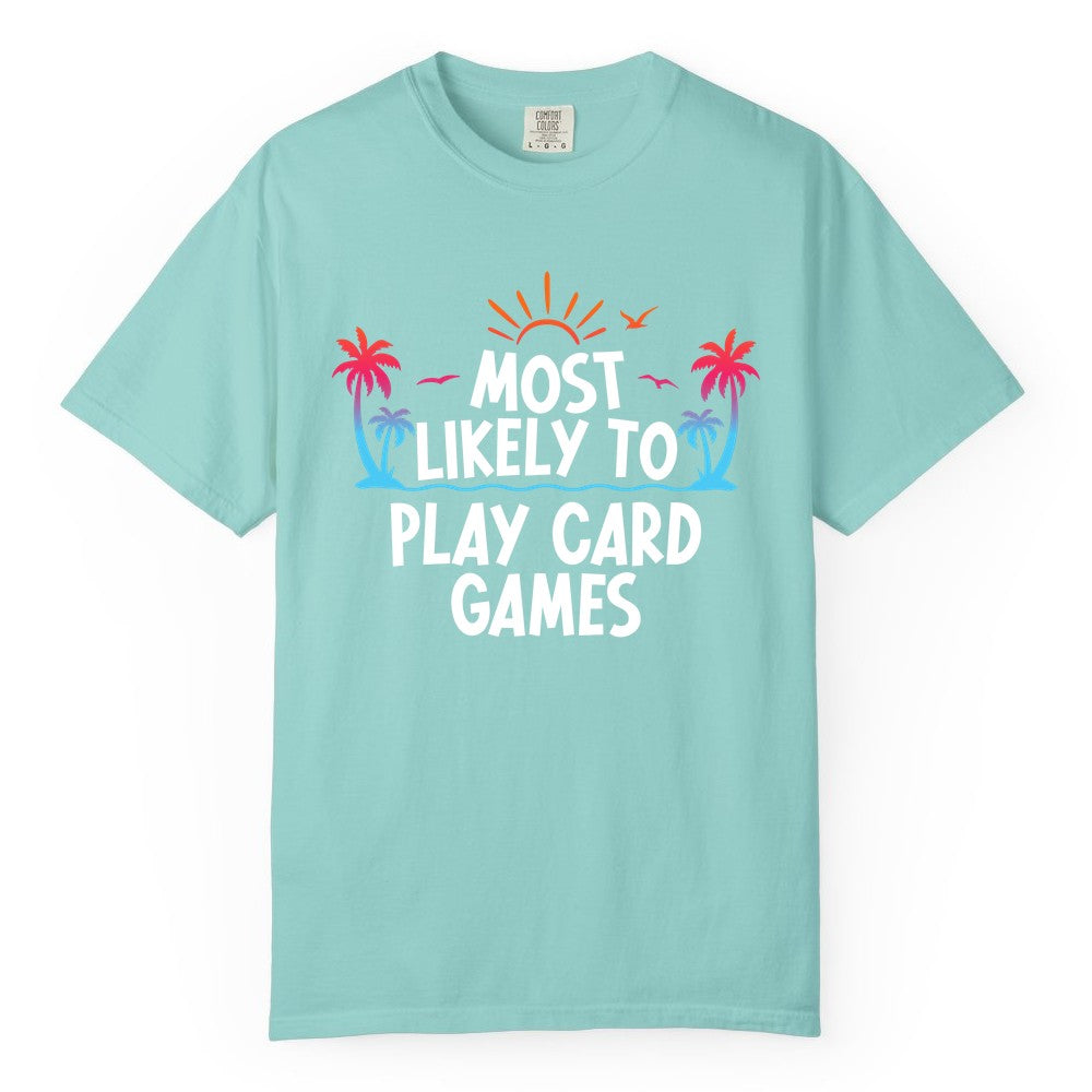 Cruise Card Game Shirt - Tropical Vacation Fun for Family Cruises (Comfort Color) in Chalky Mint - Tropical Cruise Card Game Shirt - Sunset Palms Playful Vacation Tee