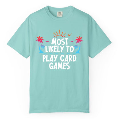 Cruise Card Game Shirt - Tropical Vacation Fun for Family Cruises (Comfort Color) in Chalky Mint - Tropical Cruise Card Game Shirt - Sunset Palms Playful Vacation Tee