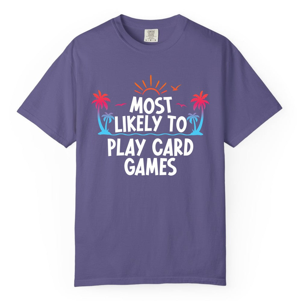 Cruise Card Game Shirt - Tropical Vacation Fun for Family Cruises (Comfort Color) in Grape - Tropical Cruise Card Game Shirt - Sunset Palms Playful Vacation Tee