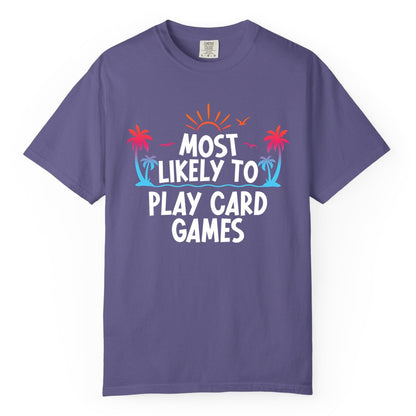 Cruise Card Game Shirt - Tropical Vacation Fun for Family Cruises (Comfort Color) in Grape - Tropical Cruise Card Game Shirt - Sunset Palms Playful Vacation Tee