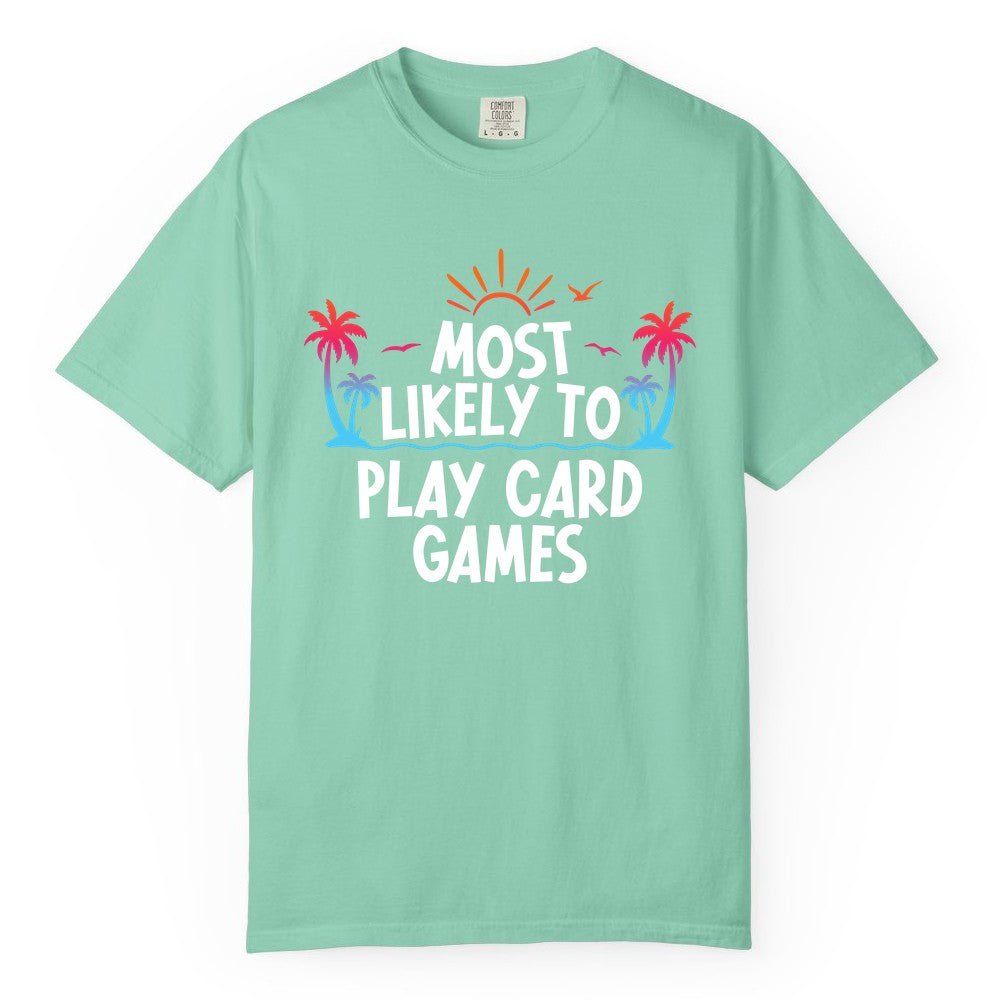Cruise Card Game Shirt - Tropical Vacation Fun for Family Cruises (Comfort Color) in Island Reef - Tropical Cruise Card Game Shirt - Sunset Palms Playful Vacation Tee