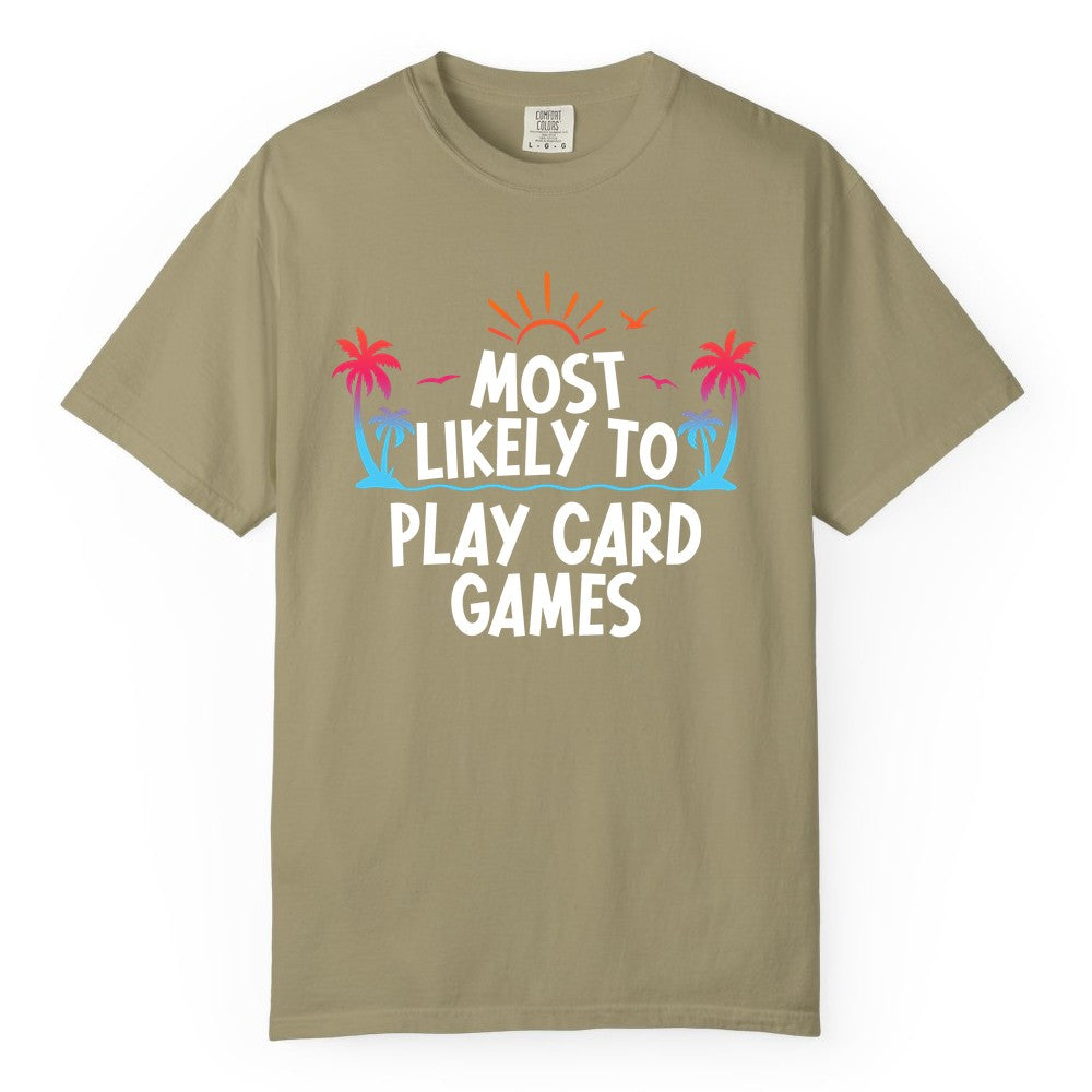 Cruise Card Game Shirt - Tropical Vacation Fun for Family Cruises (Comfort Color) in Khaki - Tropical Cruise Card Game Shirt - Sunset Palms Playful Vacation Tee