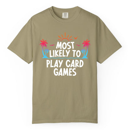 Cruise Card Game Shirt - Tropical Vacation Fun for Family Cruises (Comfort Color) in Khaki - Tropical Cruise Card Game Shirt - Sunset Palms Playful Vacation Tee