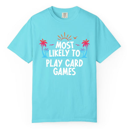 Cruise Card Game Shirt - Tropical Vacation Fun for Family Cruises (Comfort Color) in Lagoon Blue - Tropical Cruise Card Game Shirt - Sunset Palms Playful Vacation Tee