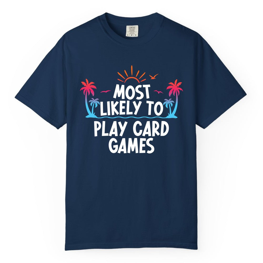 Cruise Card Game Shirt - Tropical Vacation Fun for Family Cruises (Comfort Color) in Navy - Tropical Cruise Card Game Shirt - Sunset Palms Playful Vacation Tee