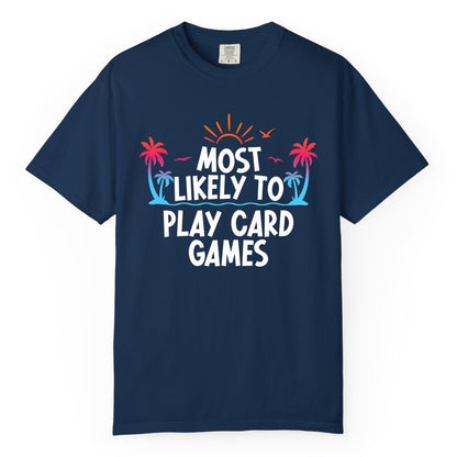 Cruise Card Game Shirt - Tropical Vacation Fun for Family Cruises (Comfort Color) in Navy - Tropical Cruise Card Game Shirt - Sunset Palms Playful Vacation Tee