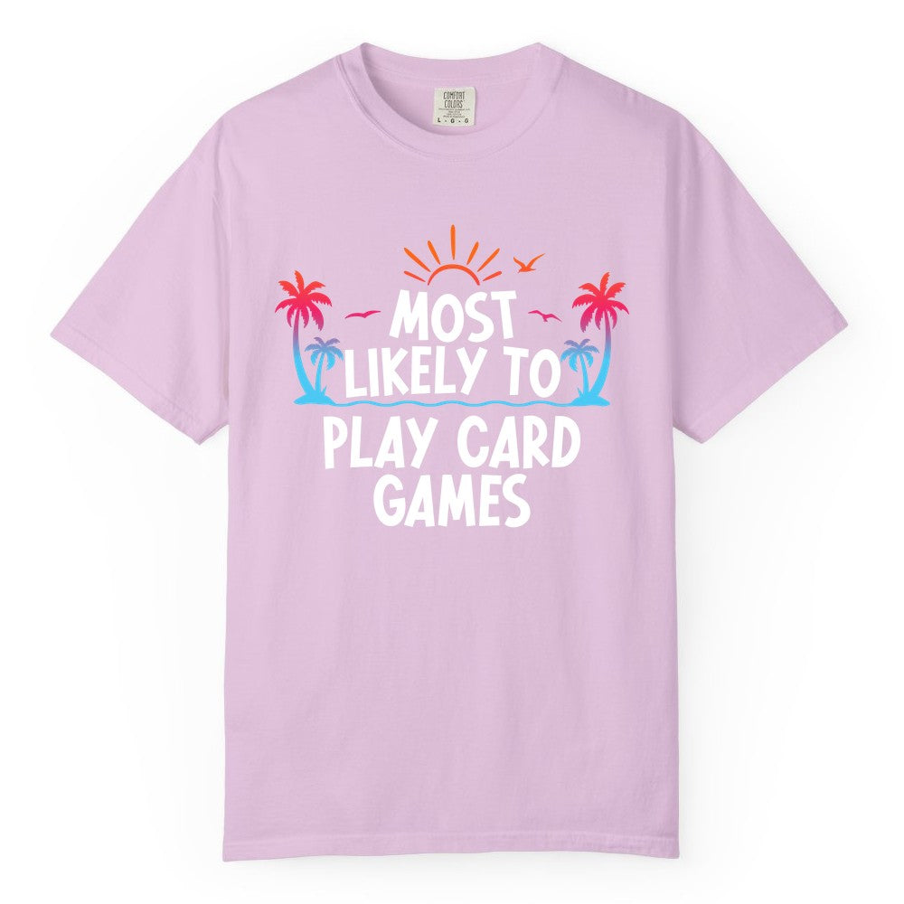 Cruise Card Game Shirt - Tropical Vacation Fun for Family Cruises (Comfort Color) in Orchid - Tropical Cruise Card Game Shirt - Sunset Palms Playful Vacation Tee