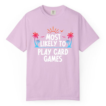 Cruise Card Game Shirt - Tropical Vacation Fun for Family Cruises (Comfort Color) in Orchid - Tropical Cruise Card Game Shirt - Sunset Palms Playful Vacation Tee