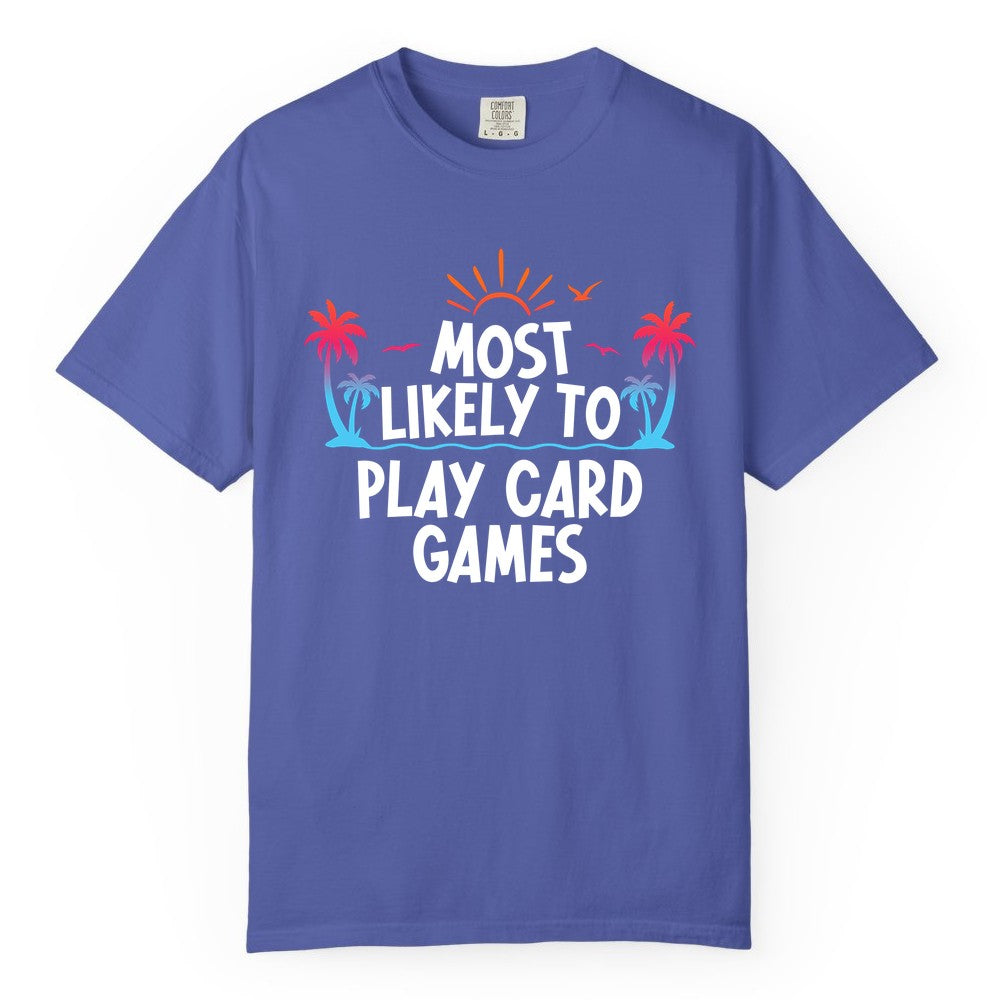 Cruise Card Game Shirt - Tropical Vacation Fun for Family Cruises (Comfort Color) in Periwinkle - Tropical Cruise Card Game Shirt - Sunset Palms Playful Vacation Tee