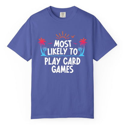 Cruise Card Game Shirt - Tropical Vacation Fun for Family Cruises (Comfort Color) in Periwinkle - Tropical Cruise Card Game Shirt - Sunset Palms Playful Vacation Tee