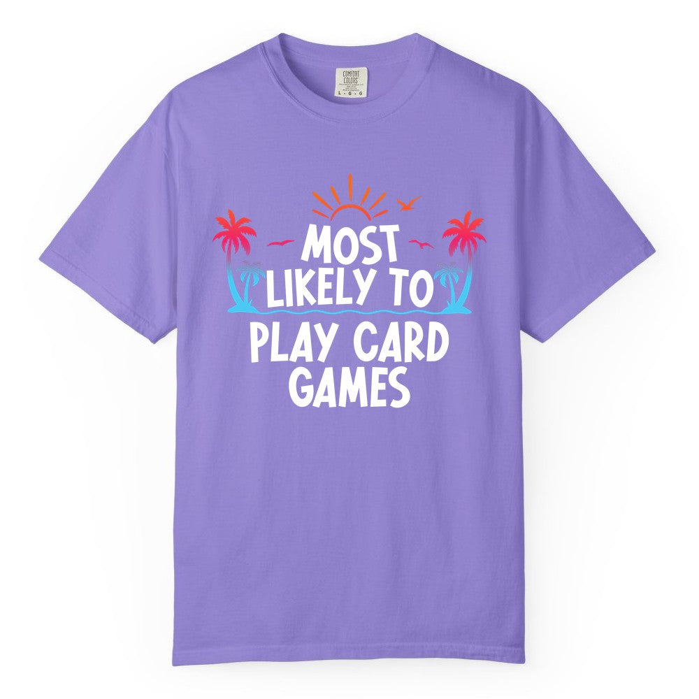 Cruise Card Game Shirt - Tropical Vacation Fun for Family Cruises (Comfort Color) in Violet - Tropical Cruise Card Game Shirt - Sunset Palms Playful Vacation Tee