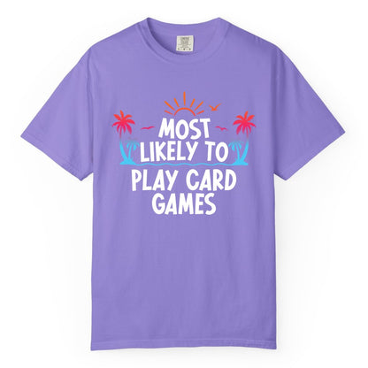 Cruise Card Game Shirt - Tropical Vacation Fun for Family Cruises (Comfort Color) in Violet - Tropical Cruise Card Game Shirt - Sunset Palms Playful Vacation Tee
