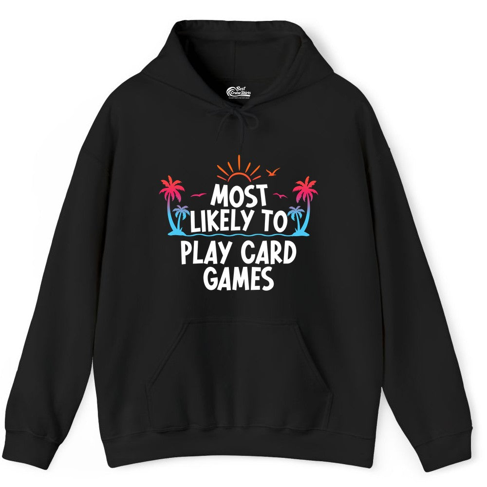 Cruise Card Game Shirt - Tropical Vacation Fun for Family Cruises (Hoodie) in Black - Tropical Cruise Card Game Shirt - Sunset Palms Playful Vacation Tee