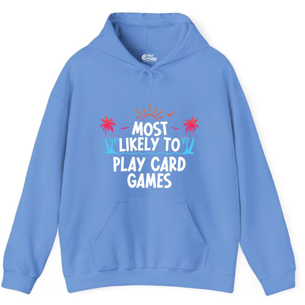 Cruise Card Game Shirt - Tropical Vacation Fun for Family Cruises (Hoodie) in Carolina Blue - Tropical Cruise Card Game Shirt - Sunset Palms Playful Vacation Tee