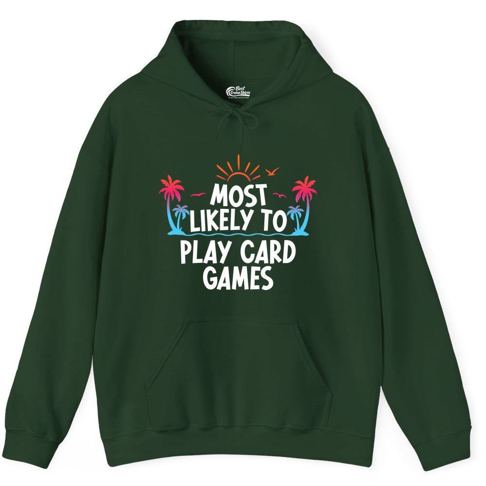 Cruise Card Game Shirt - Tropical Vacation Fun for Family Cruises (Hoodie) in Forest Green - Tropical Cruise Card Game Shirt - Sunset Palms Playful Vacation Tee