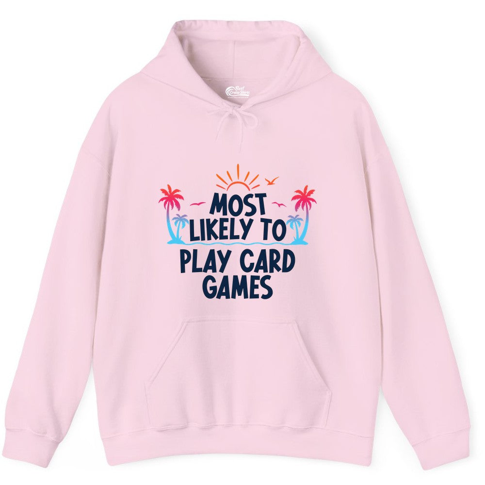 Cruise Card Game Shirt - Tropical Vacation Fun for Family Cruises (Hoodie) in Light Pink - Tropical Cruise Card Game Shirt - Sunset Palms Playful Vacation Tee