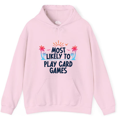 Cruise Card Game Shirt - Tropical Vacation Fun for Family Cruises (Hoodie) in Light Pink - Tropical Cruise Card Game Shirt - Sunset Palms Playful Vacation Tee