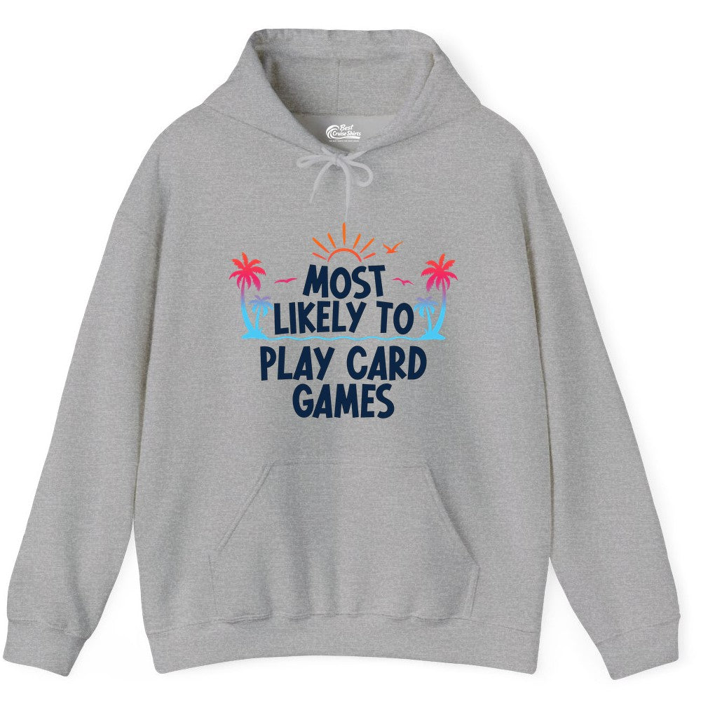 Cruise Card Game Shirt - Tropical Vacation Fun for Family Cruises (Hoodie) in Sport Grey - Tropical Cruise Card Game Shirt - Sunset Palms Playful Vacation Tee