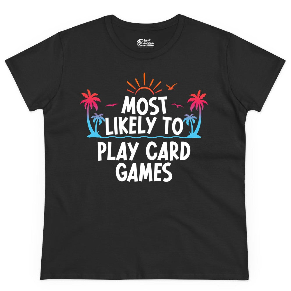 Cruise Card Game Shirt - Tropical Vacation Fun for Family Cruises (Ladies Tee) in Black - Tropical Cruise Card Game Shirt - Sunset Palms Playful Vacation Tee