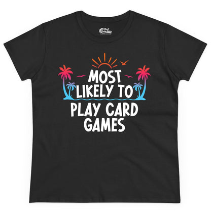 Cruise Card Game Shirt - Tropical Vacation Fun for Family Cruises (Ladies Tee) in Black - Tropical Cruise Card Game Shirt - Sunset Palms Playful Vacation Tee