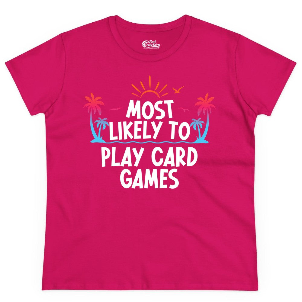 Cruise Card Game Shirt - Tropical Vacation Fun for Family Cruises (Ladies Tee) in Heliconia - Tropical Cruise Card Game Shirt - Sunset Palms Playful Vacation Tee