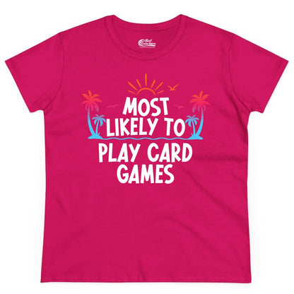Cruise Card Game Shirt - Tropical Vacation Fun for Family Cruises (Ladies Tee) in Heliconia - Tropical Cruise Card Game Shirt - Sunset Palms Playful Vacation Tee