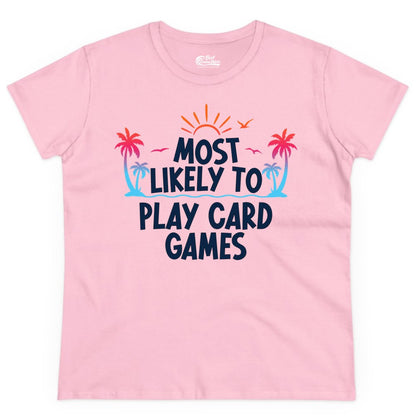 Cruise Card Game Shirt - Tropical Vacation Fun for Family Cruises (Ladies Tee) in Light Pink - Tropical Cruise Card Game Shirt - Sunset Palms Playful Vacation Tee
