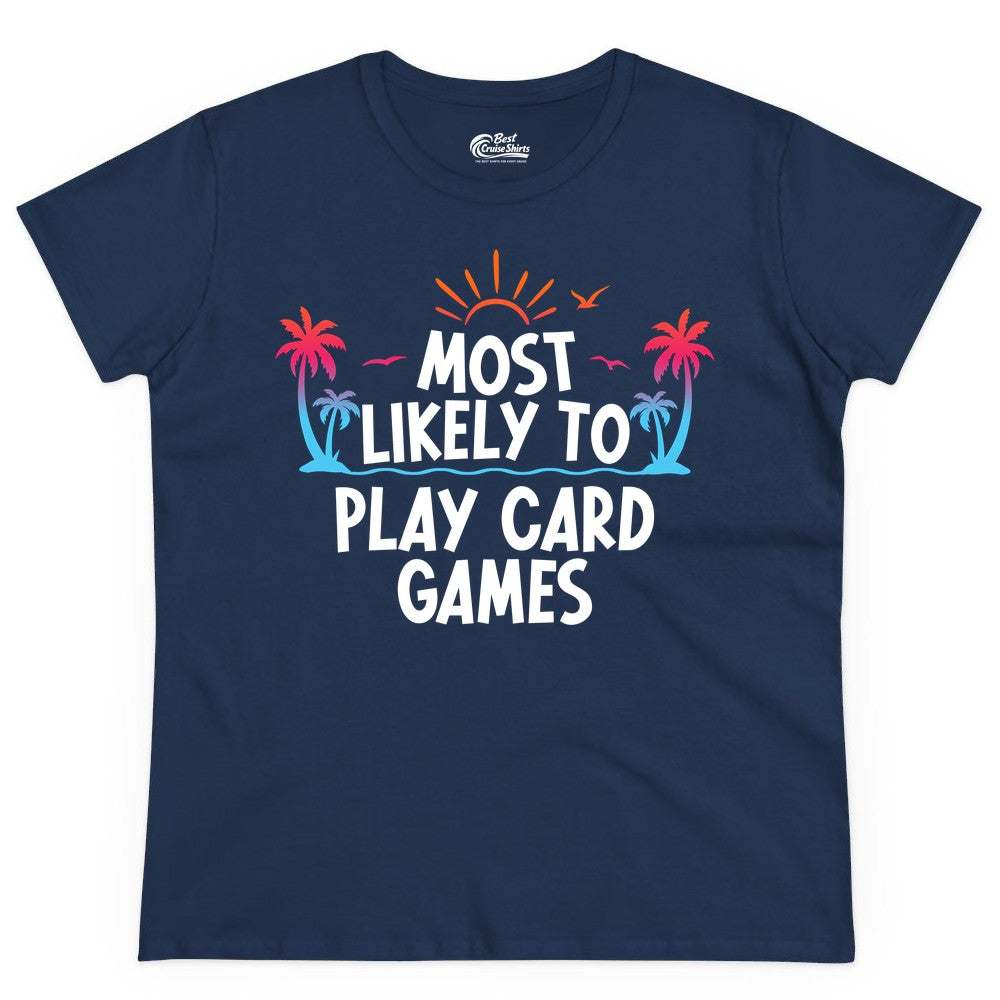 Cruise Card Game Shirt - Tropical Vacation Fun for Family Cruises (Ladies Tee) in Navy - Tropical Cruise Card Game Shirt - Sunset Palms Playful Vacation Tee