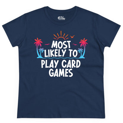 Cruise Card Game Shirt - Tropical Vacation Fun for Family Cruises (Ladies Tee) in Navy - Tropical Cruise Card Game Shirt - Sunset Palms Playful Vacation Tee
