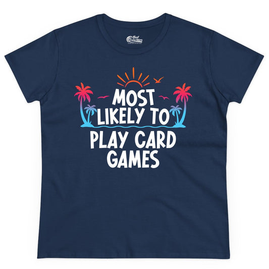 Cruise Card Game Shirt - Tropical Vacation Fun for Family Cruises (Ladies Tee) in Navy - Tropical Cruise Card Game Shirt - Sunset Palms Playful Vacation Tee