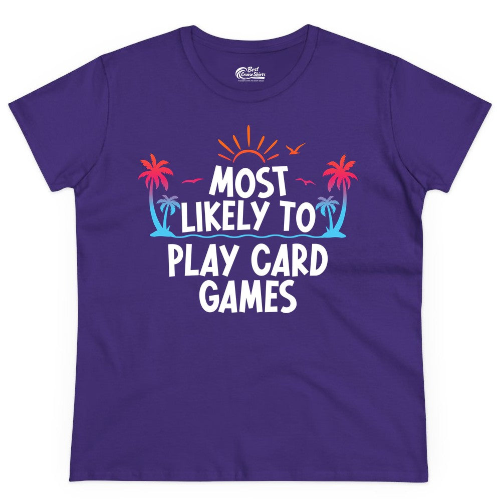 Cruise Card Game Shirt - Tropical Vacation Fun for Family Cruises (Ladies Tee) in Purple - Tropical Cruise Card Game Shirt - Sunset Palms Playful Vacation Tee