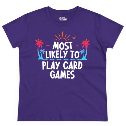 Cruise Card Game Shirt - Tropical Vacation Fun for Family Cruises (Ladies Tee) in Purple - Tropical Cruise Card Game Shirt - Sunset Palms Playful Vacation Tee