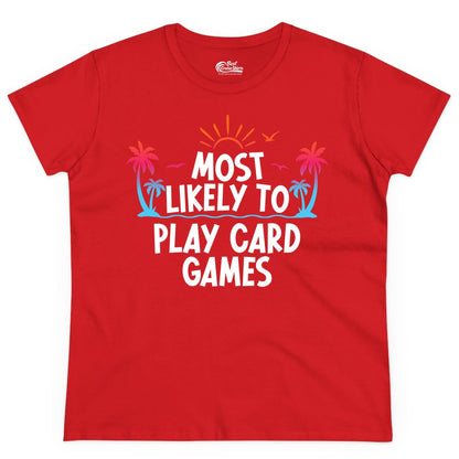 Cruise Card Game Shirt - Tropical Vacation Fun for Family Cruises (Ladies Tee) in Red - Tropical Cruise Card Game Shirt - Sunset Palms Playful Vacation Tee