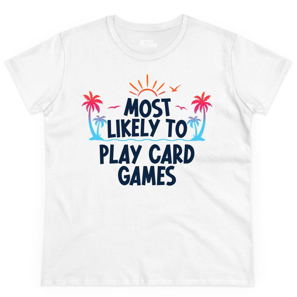 Cruise Card Game Shirt - Tropical Vacation Fun for Family Cruises (Ladies Tee) in White - Tropical Cruise Card Game Shirt - Sunset Palms Playful Vacation Tee