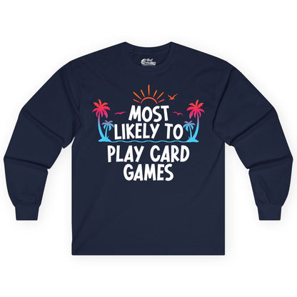 Cruise Card Game Shirt - Tropical Vacation Fun for Family Cruises (Long Sleeve) in Navy - Tropical Cruise Card Game Shirt - Sunset Palms Playful Vacation Tee