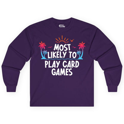 Cruise Card Game Shirt - Tropical Vacation Fun for Family Cruises (Long Sleeve) in Purple - Tropical Cruise Card Game Shirt - Sunset Palms Playful Vacation Tee