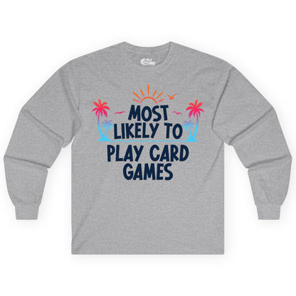 Cruise Card Game Shirt - Tropical Vacation Fun for Family Cruises (Long Sleeve) in Sport Grey - Tropical Cruise Card Game Shirt - Sunset Palms Playful Vacation Tee
