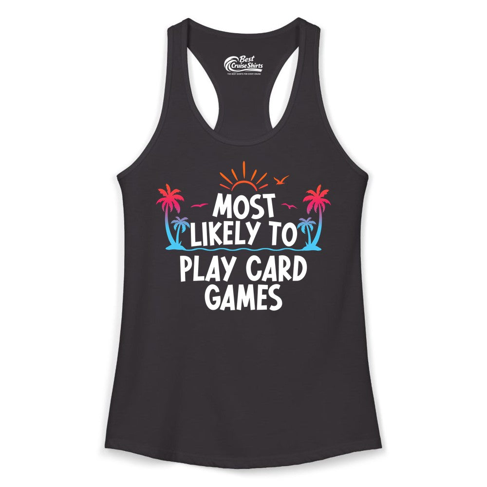 Cruise Card Game Shirt - Tropical Vacation Fun for Family Cruises (Ladies Tank) in Black - Tropical Cruise Card Game Shirt - Sunset Palms Playful Vacation Tee