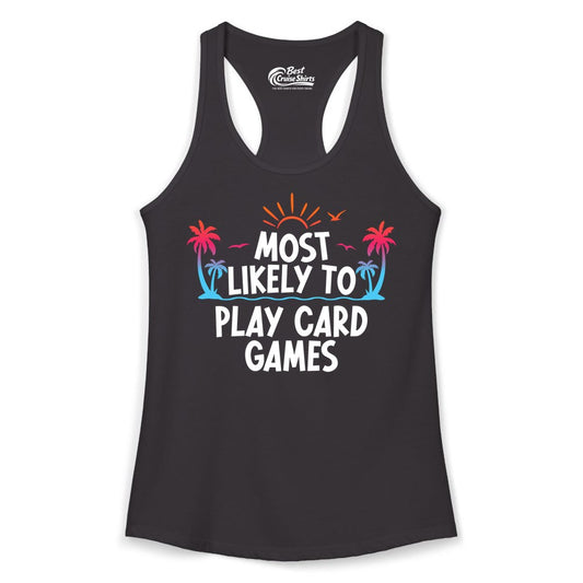 Cruise Card Game Shirt - Tropical Vacation Fun for Family Cruises (Ladies Tank) in Black - Tropical Cruise Card Game Shirt - Sunset Palms Playful Vacation Tee