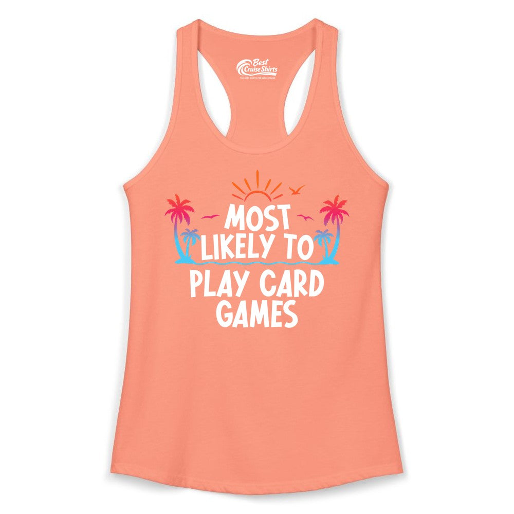 Cruise Card Game Shirt - Tropical Vacation Fun for Family Cruises (Ladies Tank) in Solid Light Orange - Tropical Cruise Card Game Shirt - Sunset Palms Playful Vacation Tee