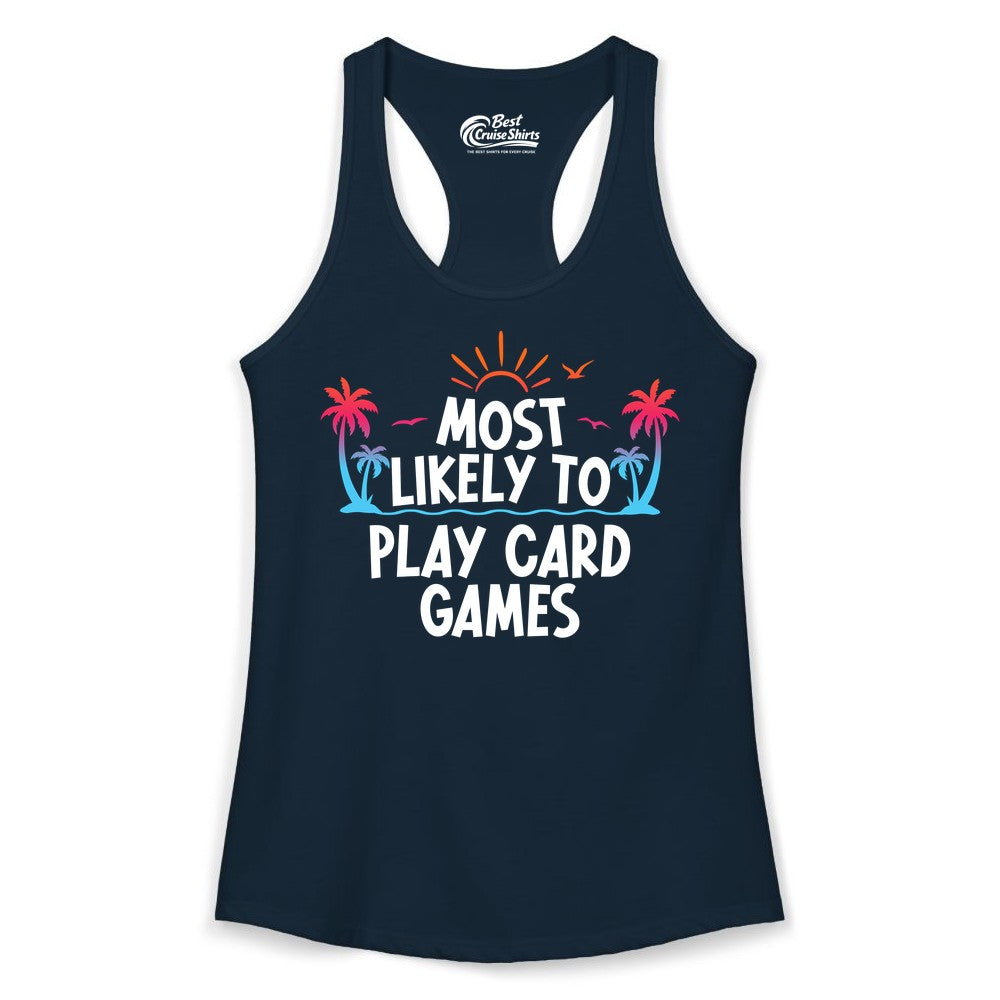 Cruise Card Game Shirt - Tropical Vacation Fun for Family Cruises (Ladies Tank) in Solid Midnight Navy - Tropical Cruise Card Game Shirt - Sunset Palms Playful Vacation Tee