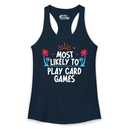 Cruise Card Game Shirt - Tropical Vacation Fun for Family Cruises (Ladies Tank) in Solid Midnight Navy - Tropical Cruise Card Game Shirt - Sunset Palms Playful Vacation Tee